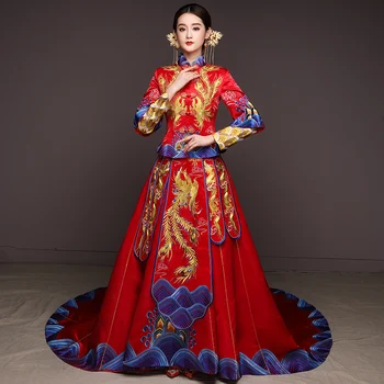 kínai stílus menyasszony Hímzés cheongsam esküvő Ruha jelmez estélyi ruha show ruha vékony Phoenix Qipao