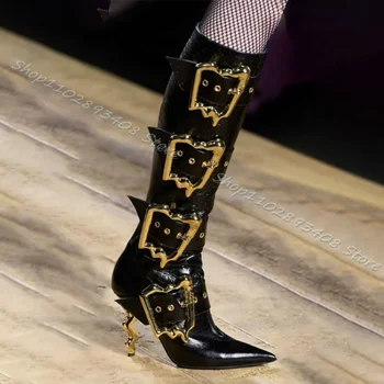 Fekete Fém Csat Dekoráció Csizma Furcsa Stílus Fém Sarok Oldalán Cipzárral Hegyes Toe Csizma Brit Stílus Cipő Zapatos Para Mujere