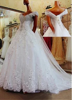 Luxus Fehér Menyasszonyi Ruhák Le Váll Kristály Csipke Esküvői Ruhák Bíróság Vonat Ball Ruha Egyedi Vestidos De Novia