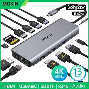 MOKiN USB-C Hub Tripla Display Type C Adapter HDMI 4K-60Hz, USB3.0,DP, PD-100W, RJ45, SD/TF Kártya Olvasó MacBook Pro Air