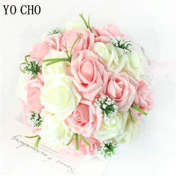 YO CHO Menyasszonyi, Esküvői Csokor, Koszorúslány Mesterséges PE Rózsa Virág Hamis Gyöngy, Rózsaszín Csokor, Esküvői Kellékek Fesztivál, Dekoráció