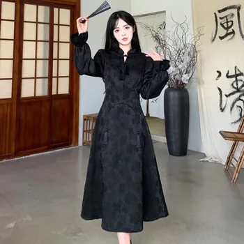2024 új kínai stílusú ruha női retro javult qipao stílus, hosszú ruha nők napi virágos fekete qipao hölgy elegáns ruha