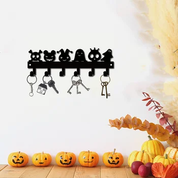 Halloween Fém Fali Rack 6 Horgok, Tök Szellem Mintát Gombot, Horgok, Törölköző, Napernyő, Dekoratív Szervező Rack