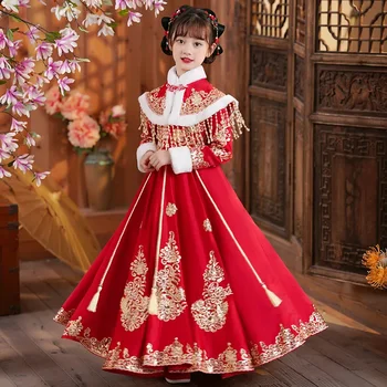 A Lányok Piros Kínai Új Év Ruházat Gyermekek Téli Tang Öltöny Cheongsam Virág Lány Ruha Ősi Hercegnő Hanfu Jelmez Gyerekeknek