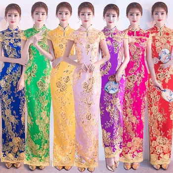 2024 Új Qipao Hímezni Flitterekkel Bankett Köntös Női Elegáns Cheongsam Vintage Mandarin Gallér Kínai Stílusú Ruhák