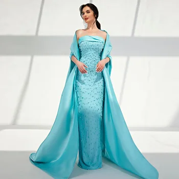 Türkiz Kék Luxus Gyöngyfűzés Dubai Estélyi Ruhák 2023 Elegáns, Zsálya Zöld Arab Vállnélküli Hivatalos Esküvő Party Ruha, Köpeny